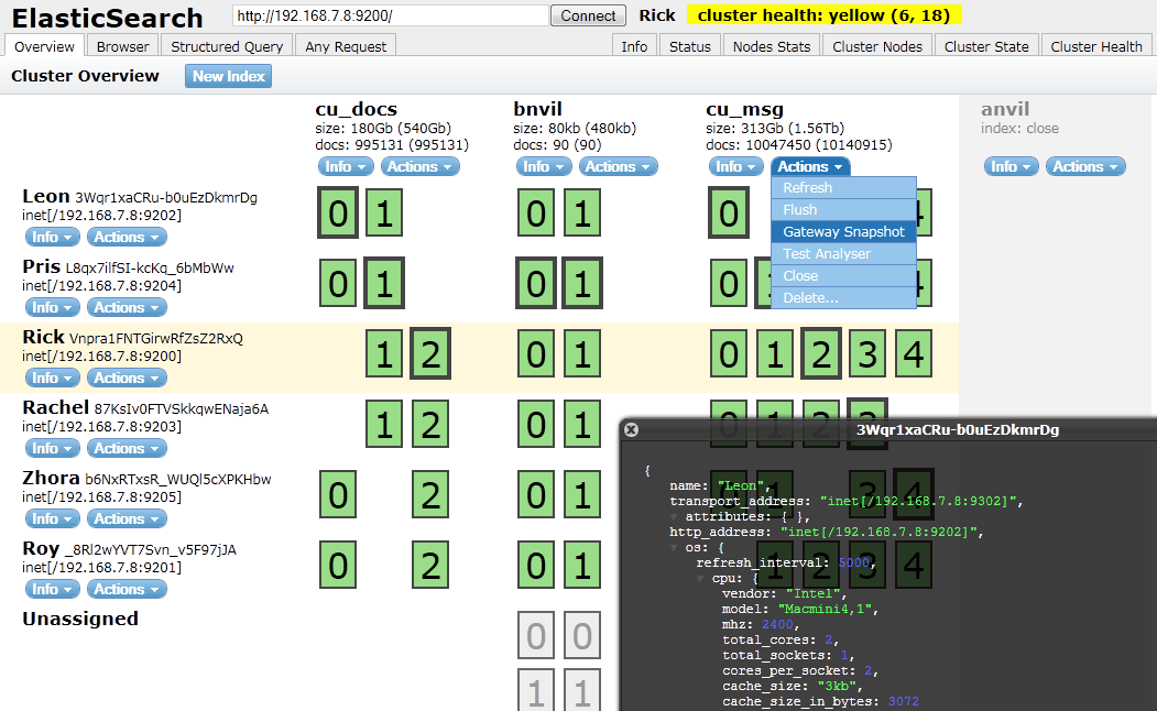 Screenshot of elasticsearch-head showing the cluster overview